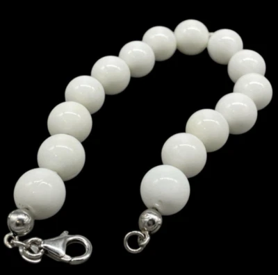 Bracciale femminile Argento 925 perle rotonde di agata bianca liscia elegante - Immagine 1 di 4