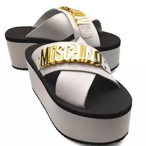 Moschino Taglia White Leather Women's Logo Platform Slide Wedges Sandals EU 38 - Picture 1 of 12