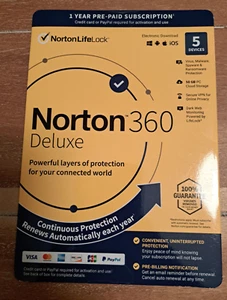 NORTON 360 DELUXE 2024 5 Devices Internet Security Key Card Brand New Ships Fast - Picture 1 of 3