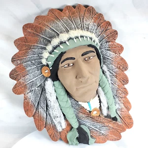 Intonaco in gesso vintage dipinto a mano capo nativi americani da appendere a parete arte popolare - Foto 1 di 6