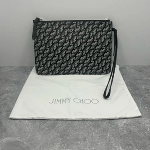 Jimmy Choo Silver Black Glitter Clutch Pouch Zara Leather Trim Handstrap Dustbag - Picture 1 of 16