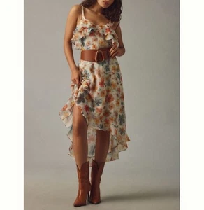 Neu Anthropologie Midikleid Blumen Größe: L ärmellos asymmetrisch Rüschen - Bild 1 von 11