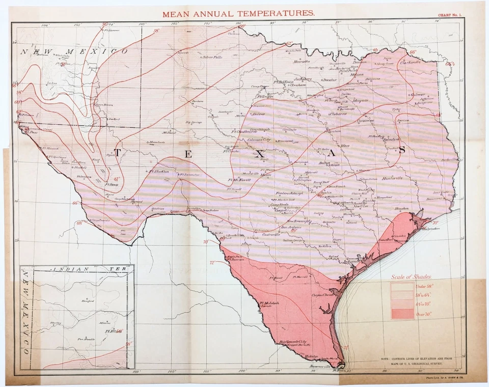 1892  TEXAS Map ORIGINAL (20x16) Mean Annual Temperature - San Antonio - Image 1 of 3