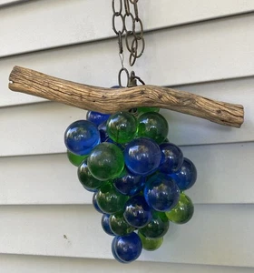 MCM Lucite 1960's Acrylic Large Grapes Cluster Blue & Green Wood Branch & Chain - Picture 1 of 8