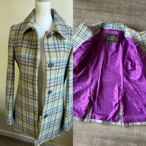 Vintage Coach Jacke Mantel Y2K Tweed kariert bunt Trench Wolle Gr. XS - Bild 1 von 19