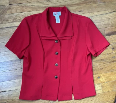 Vintage 1990's Red R&K Suit Cropped Jacket Short Sleeve Petite M Ornate Buttons - Image 1 of 4
