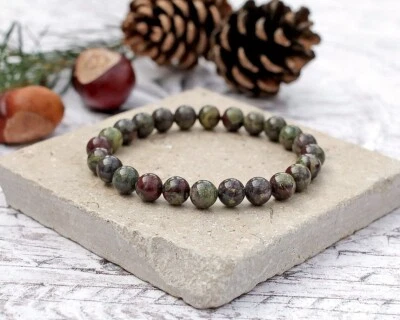 Natural Dragon Bloodstone Beaded Bracelet Gemstone Stretch Bracelet Handmade - Image 1 of 3