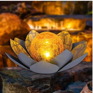 Solar Lights Outdoor Garden Decor , Amber Crackle Globe Glass Lotus Decoration,W - Picture 1 of 12