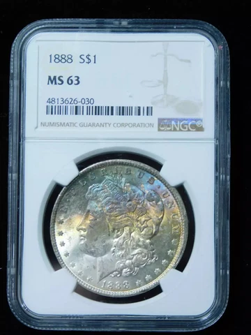 1888 $1 Morgan Silver Dollar NGC MS63 w/ Rainbow Toning Cover