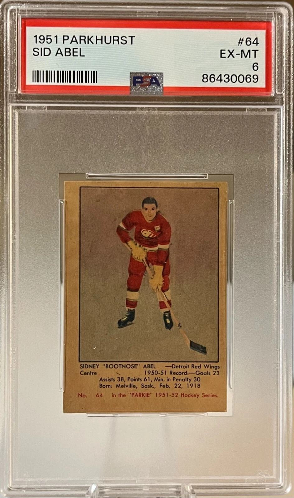 1951 Parkhurst Sid Abel #64 RC Rookie Red Wings HOF PSA 6!
