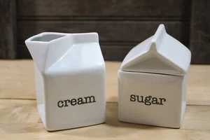 Cream and Sugar Set, Milk Carton Shaped White Ceramic Cream Jug and Sugar Bowl - Foto 1 di 4