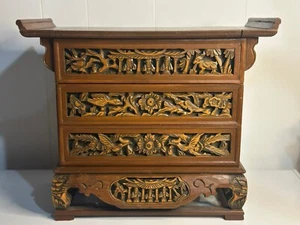 VTG Large Elaborate Hand-Carved Asian Wooden Jewelry Box Red Lining Animals - Picture 1 of 12