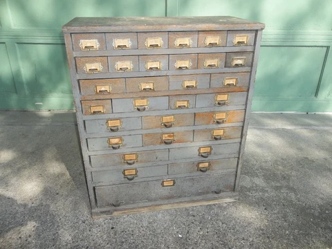 Antique Oak Parts Tool Cabinet 31 Drawer Hardware Store Wood w/ Tin Drawers Cover