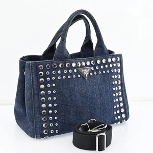 Auth PRADA Logos Canapa 2Way Shoulder Hand Bag Denim H2587R704 - Picture 1 of 24