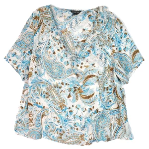 Camicetta top blu vintage August Max donna taglia 2X design floreale e paisley scollo a V - Foto 1 di 15