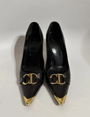 Vtg Christian Dior by John Galliano Black Ostrich Leather CD Logo Heels 37.5 - Image 1 of 4