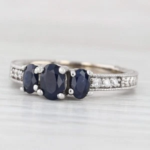 1.30ctw 3-Stone Zafiro Azul Diamante Anillo 14k Oro Blanco Talla 8 Compromiso - Imagen 1 de 10