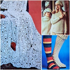 1970s Aran Tam Socks Golden Hands Knitting Pattern Crochet Bedspread Pattern - Picture 1 of 5