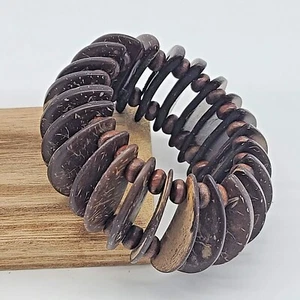 Schokoladenbraun Holzperlen Stretch Armband geschnitzt Halbkreise & runde Perlen - Bild 1 von 4