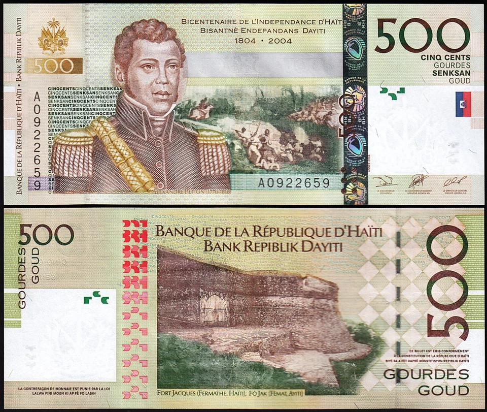 Haiti 500 Gourdes 2004, UNC, P-277a, Comm.Bicentennial of Haiti, Prefix A - Image 1 of 3