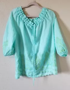 Cypress Blu Shirt Women's Sz XL Blue Green Embroidery Linen Blend Preppy Beach - Picture 1 of 9