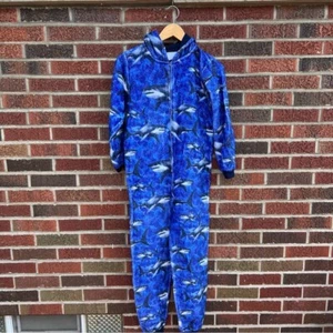 Blue and Gray Shark Ocean Fleece Full Zip Boy’s One Piece Pajamas - Picture 1 of 5