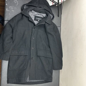 Herrenmantel Claiborne schwarz 100% WOLLE abnehmbare Kapuze - L - Bild 1 von 8