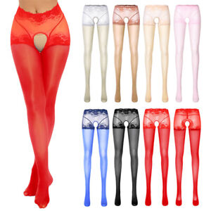 Womens Oil Glossy Crotchless Pantyhose Stockings Stretchy Tights Sports Lingerie
