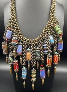 MIRIAM HASKELL Egyptian Revival Molded Glass Book Chain Bib Necklace Bohemian - Picture 1 of 17