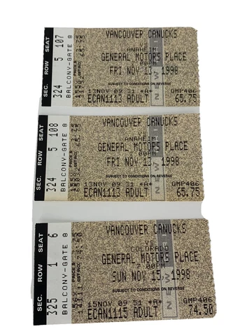 Vancouver Canucks Game Tickets Stubs Lot Of 3 Anaheim Ducks, Colorado  Nov 1998 Cover