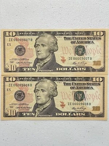 Two Series 2006 $10 Low Serial # federal reserve notes IE00009607-08B. - Picture 1 of 2