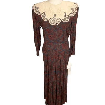 Marie St. Claire Dress Women 12 Red Paisley Maxi Lace Collar Prairie Edwardian - Image 1 of 4