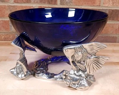Pewter Fish Stand Blue Glass Bowl Centerpiece 11 Inch - Image 1 of 4