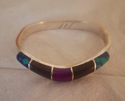 Vintage Taxco Sterling Silver Malachite Onyx Bracelet Signed TC-295 Sz 7" 44g - Image 1 of 4