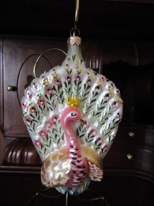 "Adorno de pavo real de vidrio soplado de colección de 6"" abanico colorido con adorno de brillo de cuerpo rosa" - Imagen 1 de 16