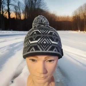 Columbia Knit Winter Beanie Hat Black Gray Snowflake Fleece Lined Pom Pom... - Picture 1 of 8