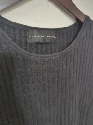 Top tejido acanalado 100 % seda August Silk para mujer M/L negro cuello redondo pulóver Foto 1 de 4