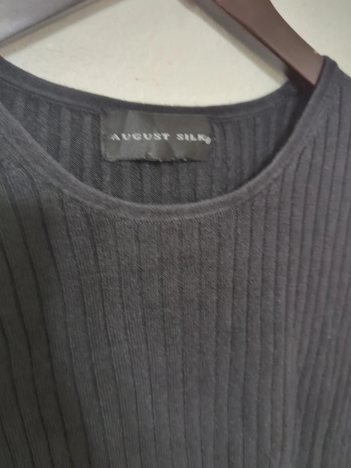 Top tejido acanalado 100 % seda August Silk para mujer M/L negro cuello redondo pulóver Foto 1 de 4