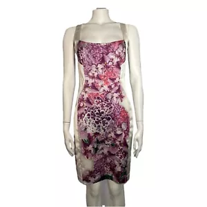 JUST CAVALLI Dress IT 42 UK 10 Pink Floral Satin Sleeveless Knee Length Zip Back - Picture 1 of 8
