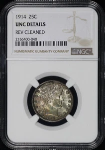 1914 Barber Quarter NGC UNC Details Rückseite gereinigt - dunkle Bernsteintönung! - Bild 1 von 2