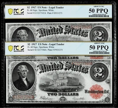 2 Consecutive Fr. 60 1917 US $2 Legal Tender Note  PCGS  AU 50 PPQ - Image 1 of 4