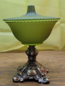 Vintage Olive Green Beaded Edge Glass Candy Dish Ornate Brass Pedistal W Lid MCM - Picture 1 of 24