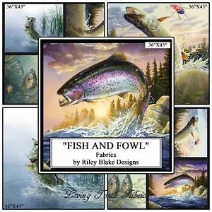 RILEY BLAKE "FISH AND FOWL" TROUT, BASS, FLY FISHING LARGE FABRIC PANELS 36"X43" - Picture 1 of 5