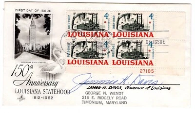 #1197 Louisiana Statehood 1962 FDC - ArtCraft Signed by Gov Jimmie Davis - Image 1 of 2