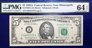 1988A $5 Federal Reserve Note Fr-1980-I Minneapolis PMG64 Choice EPQ - Picture 1 of 2