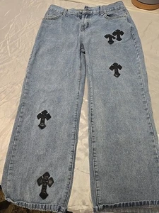 Chrome Hearts Style Stonewash Blue Denim Jeans Black Cross Patch Y2K Goth XL - Bild 1 von 17