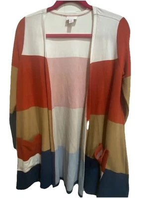 Suéter LuLaRoe pequeño tostado azul marino y naranja a rayas frente abierto bolsillos para mujer Foto 1 de 4