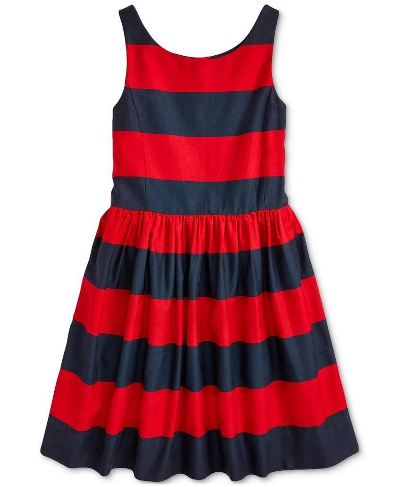 69 美元全新带标签 Polo Ralph Lauren 红色大女孩条纹棉缎连衣裙 14 pau0921 — 第 1/1 张图片
