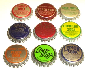 Vintage Lot of 9 NOS Soda Bottle Caps Peach, Lime, Grape, Cherry, Lemon, Punch - Picture 1 of 3