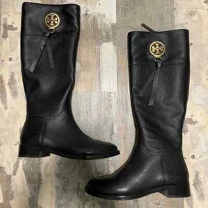 NEW Tory Burch 8.5 Boots Black Leather Tall Riding Knee High RARE Benton 2 - Picture 1 of 8